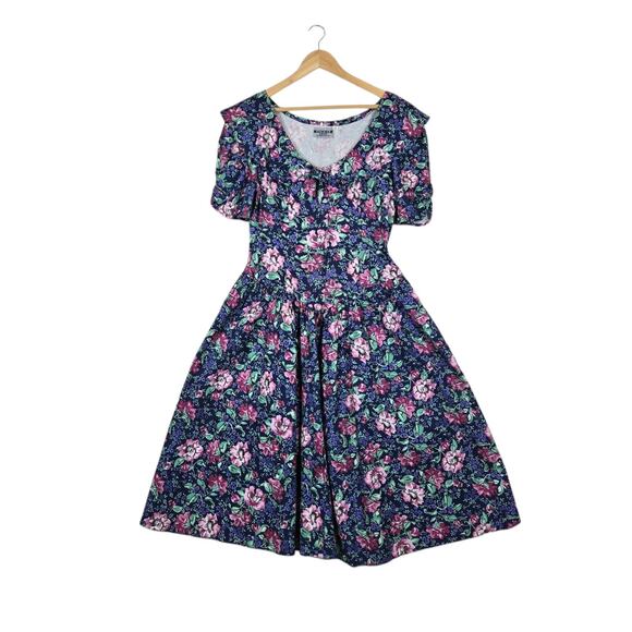 VTG Joni Blair Midi Dress Blue Multi Floral Fit & Flare Puff Sleeve sz 13* READ - Picture 1 of 16